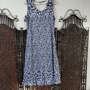Navy Blue Sleeveless Floral A-Line Dress Rounded Neck Summer Stretchy Pockets